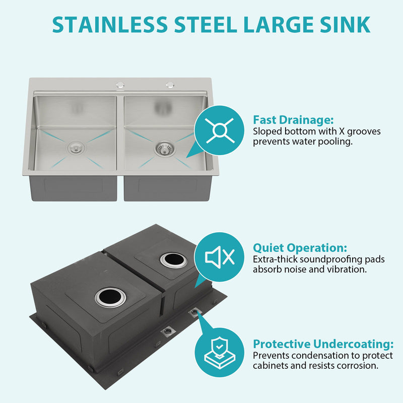 Topmount Drop In Kitchen Sink, Double Bowl 50 / 50 - Brushed Nickel