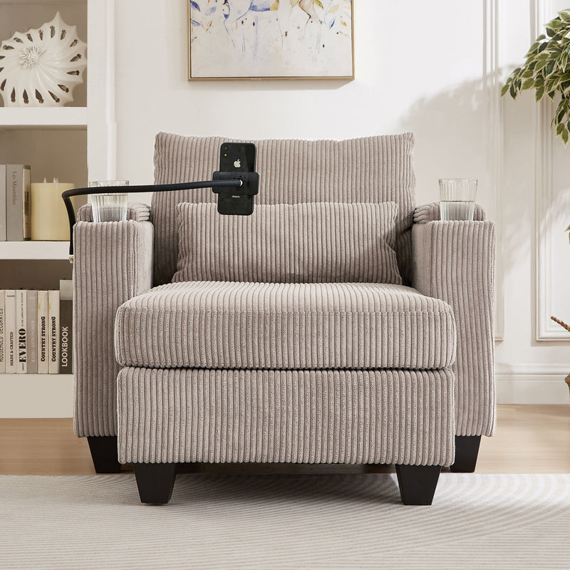 Convertible Chaise Lounge Sofa Chair With USB Ports, Cup Holders, Phone Holder And Storage
