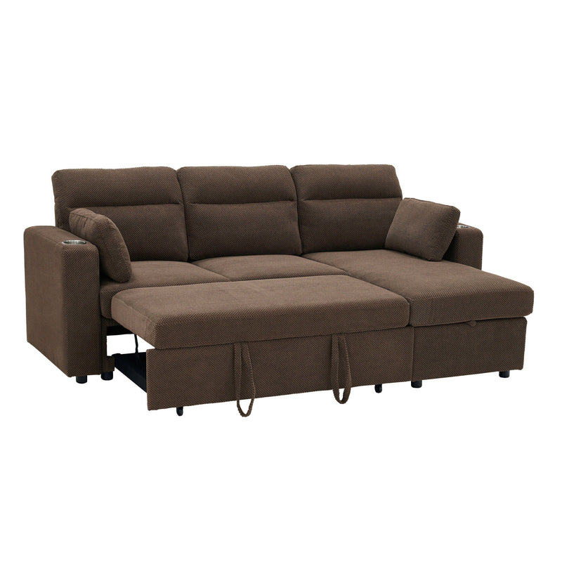 Convertible Sectional Sofa With Storage Chaise, Cup Holders And Pull Out Sleeper