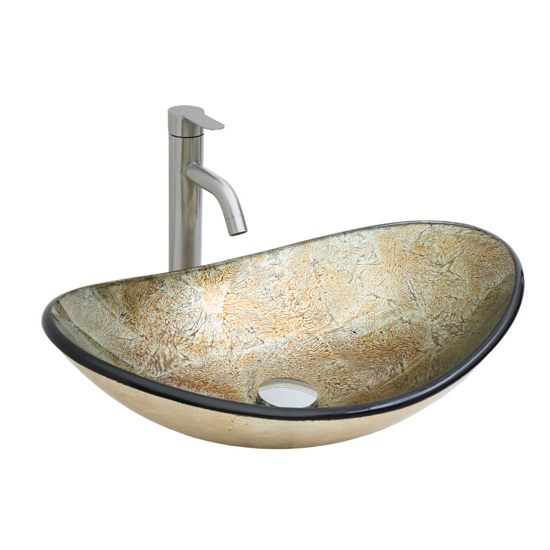 Tempered Glass Vessel Sink With Boat Shape Pop-Up Drain