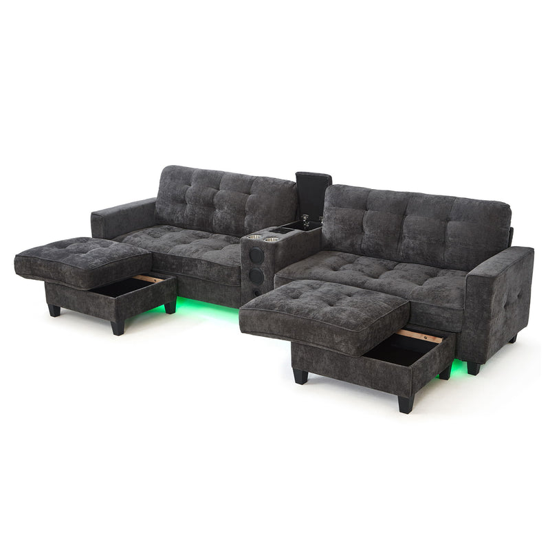 Modern Sectional Sofa U-Shaped With Movable Ottomans, tooth Speakers, LED Lights And Modular Storage