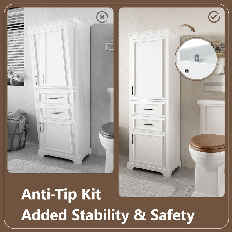 Freestanding Bathroom Vanity Tall With Damping Hinge Doors, Adjustable Shelves - White