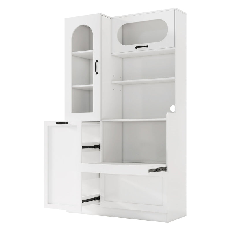 Tall Freestanding Kitchen Pantry Cabinet With Arched Glass Door