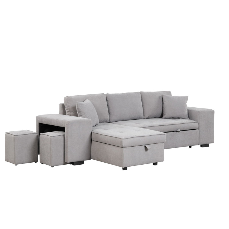 Modern L-Shape 3 Seat Reversible Sectional Couch, Pull Out Sleeper Sofa With Storage Chaise And 2 Stools For Living Room Furniture Set
