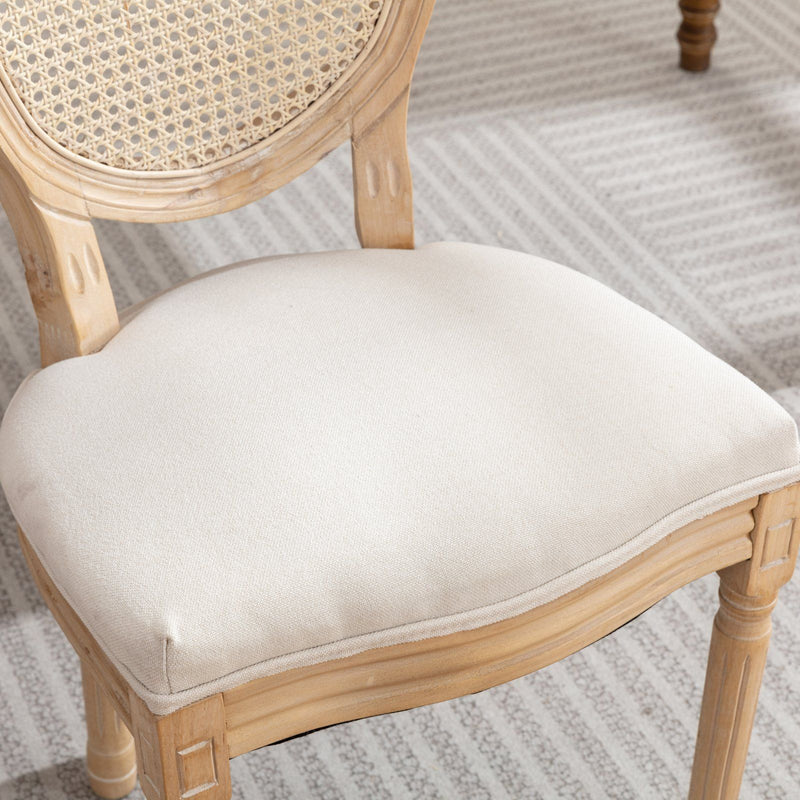 French Style Solid Wood Frame Antique Painting Fabric Rattan Back Dining Chair (Set of 2)