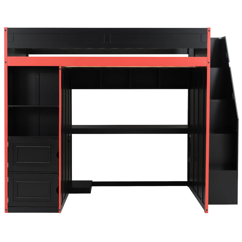 Gaming Loft Bed With Desk And Storage, LED Lights
