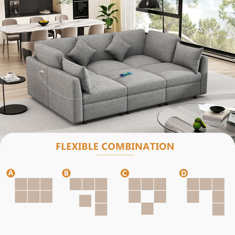 Sectional Sofa Modular U-Shaped With Ottoman & USB Ports