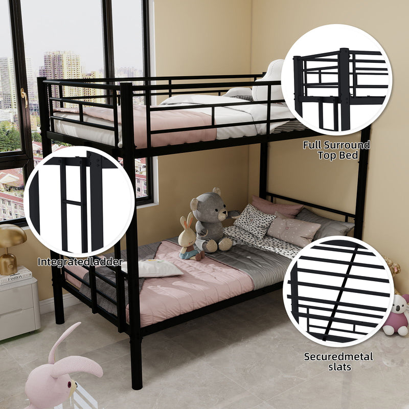 Metal Bunk Bed For Kids, Convertible Bedframe With Ladders & Guardrail