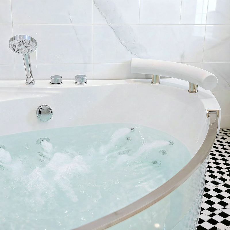 Korra - 2 Person Acrylic Corner Whirlpool Bathtub With Hydro Massage, Rainbow Light, Heater - Milk White