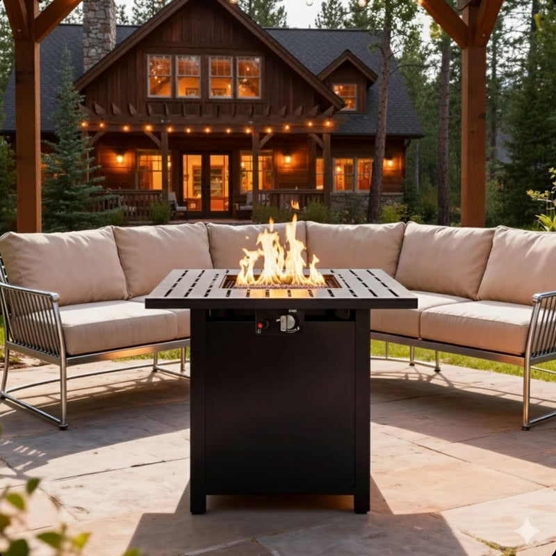 Square 2 In 1 Outdoor Propane Fire Pit Table With Stainless Burner, Lava Rocks, Lid & Waterproof Cover - Black