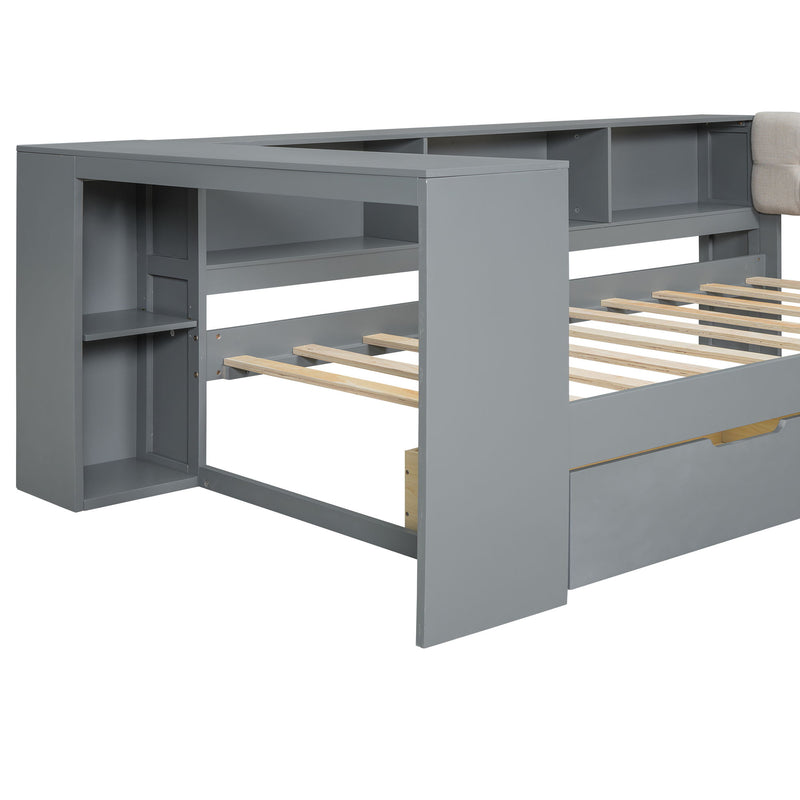 Upholstered Headboard Platform Bed With Storage Shelves, Drawers, Charging Station