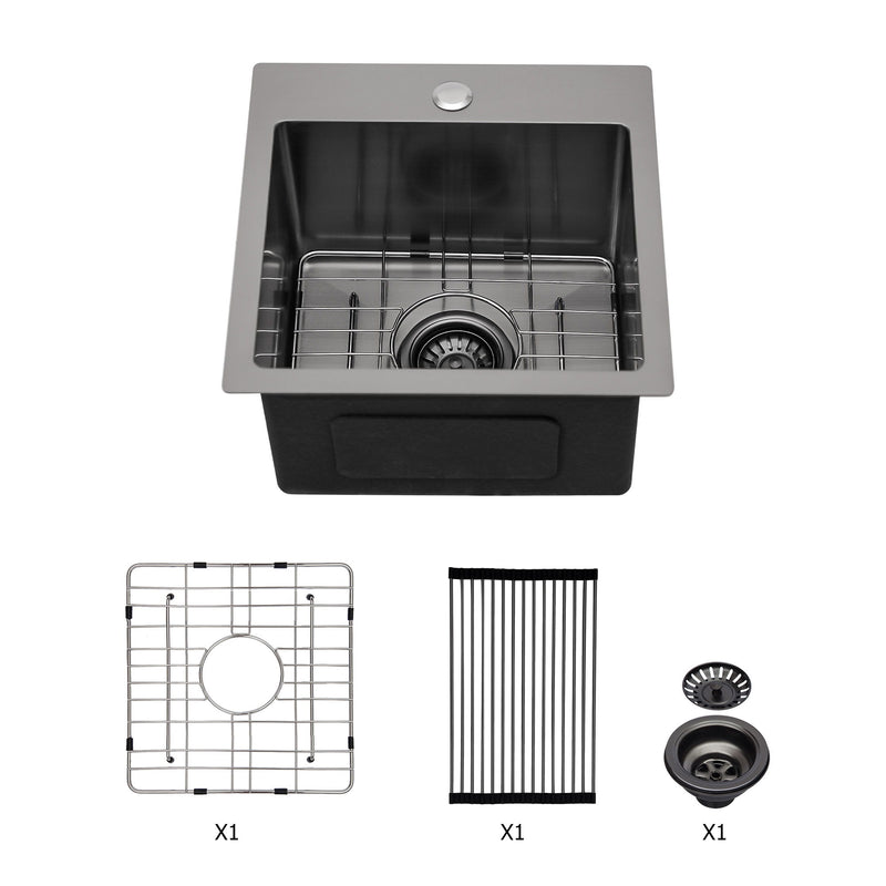 Topmount 16G Stainless Steel Kitchen Sink Deep Single Bowl - Gunmetal Black