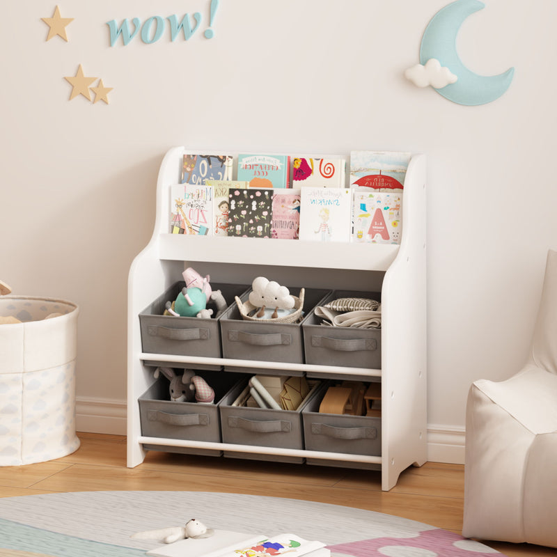 Bookshelf With 6 Storage Bins, Multi Functional Children's Bookcase And Toy Organizer - White