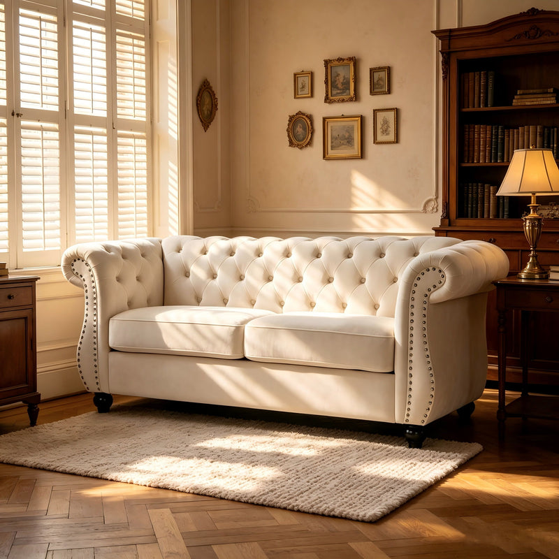 Chesterfield Button Tufted Loveseat With Rolled Arms - Ivory