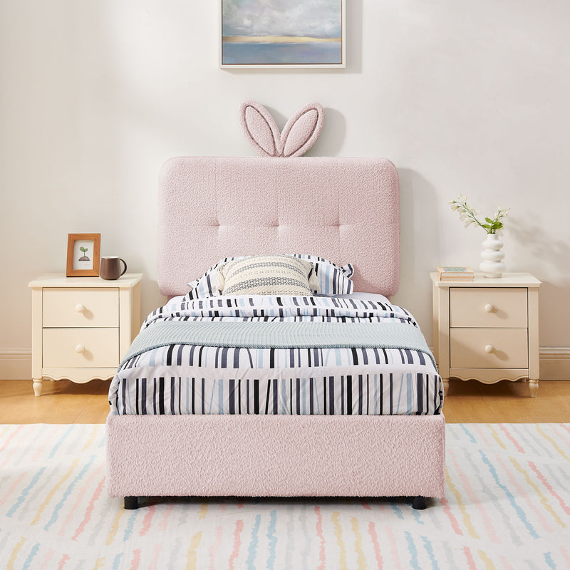 Upholstered Bed With Oversized Rabbit Ear Headboard, LED Lights & 4 Storage Drawers