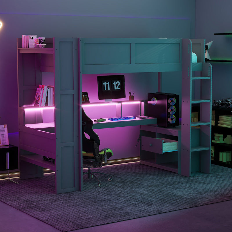 Gaming Loft Bed With Desk, Multi Storage Shelves, LED And Charging Station