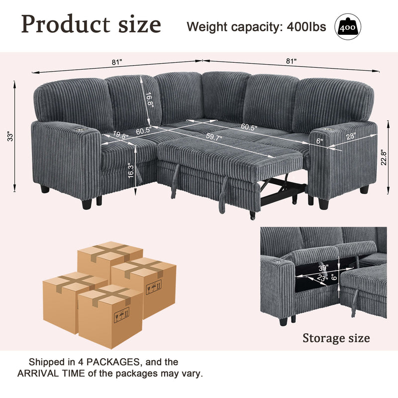 L-Shaped Sectional Sofa Bed With Pull Out Bed & Storage, 5 Seat Sleeper Couch With USB Charging For Living Room - Gray