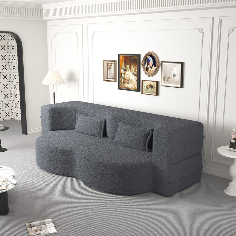 Modern Floor Sofa, With 2 Pillows, Convertible Teddy Fabric Foam Filled Bed