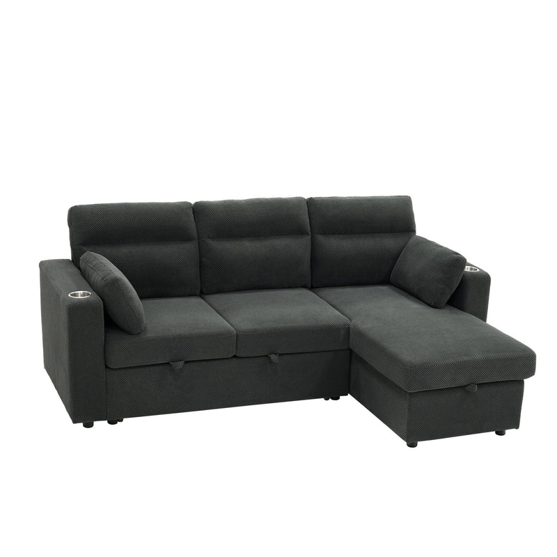 Convertible Sectional Sofa With Storage Chaise, Cup Holders And Pull Out Sleeper