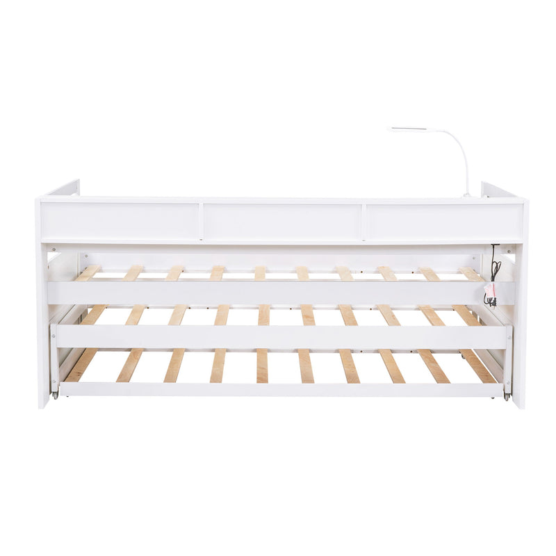 Daybed With 2 Trundles, 3 Storage Cubbies, Built In USB Charging Light