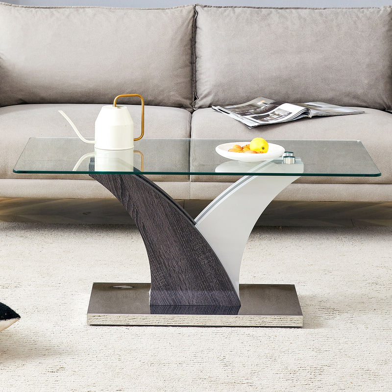 Artistic Rectangular Coffee Table With Tempered Glass Countertop