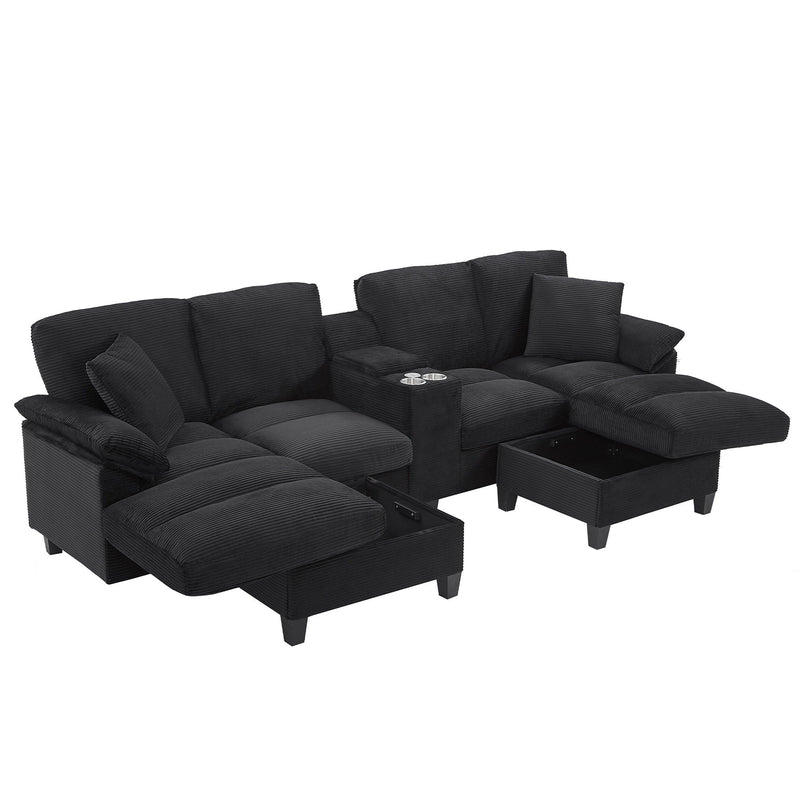 Modern U - Shaped Sectional Sofa With Storage Ottomans, USB Ports, And Cup Holders