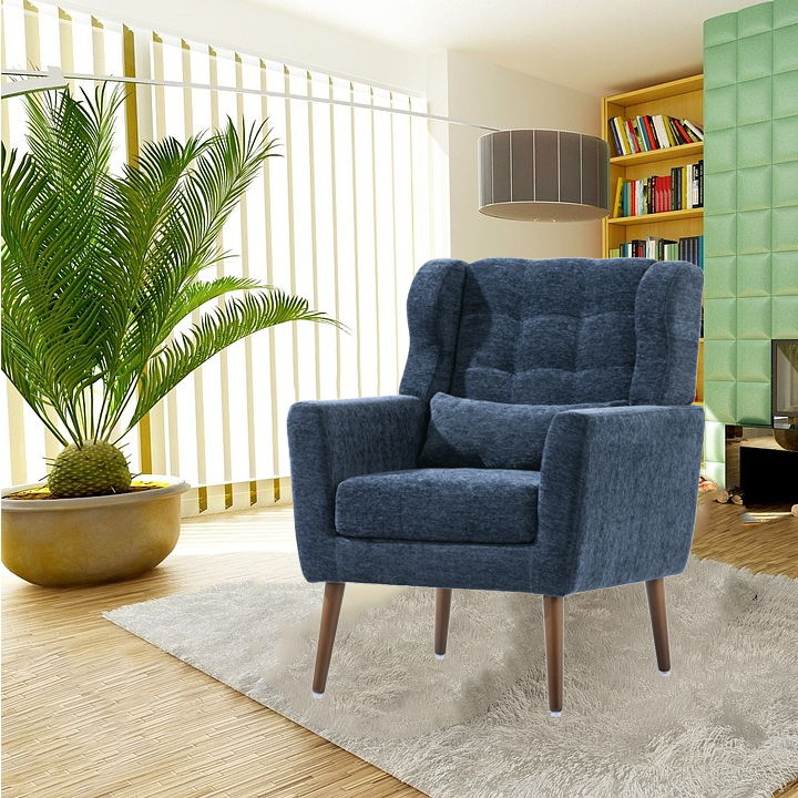 Modern Accent Chair, Arm Chairs For Living Room, Upholstered Mordern Armchair, Comfy Soft Padded Lounge Chair In Small Space, Bedroom, With Pillow, Solid Wood Leg