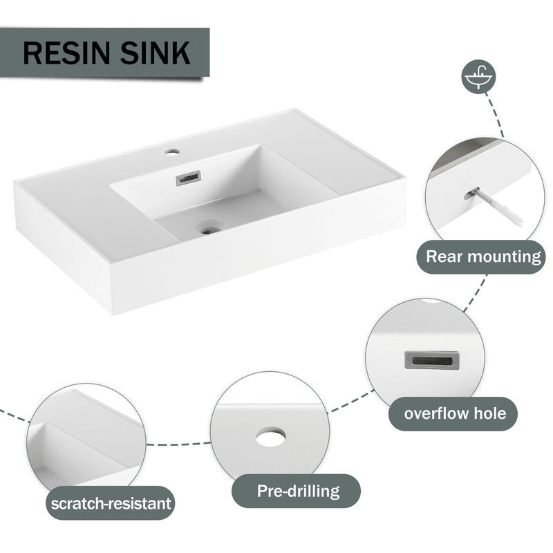 Modern Wall Mounted 30 Inch Bathroom Vanity With Resin Sink And 2 Side Cabinet - Imitative Oak