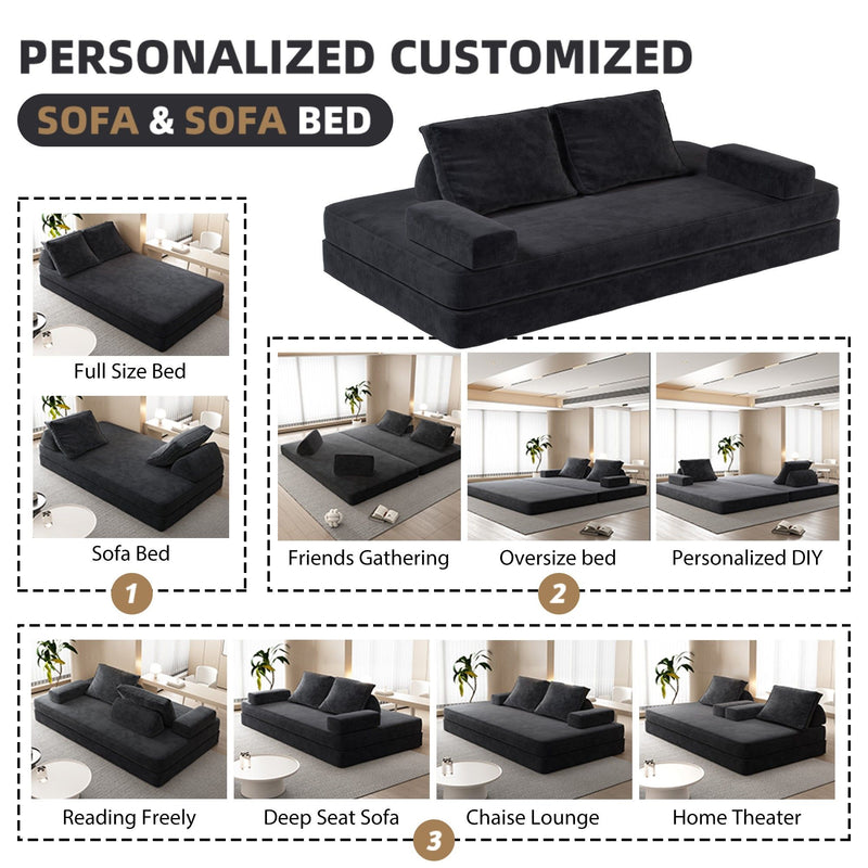 Multifunctional Convertible Sofa Bed With 2 Tumbler Backrests And 2 Pillows, Deep Seat Couch