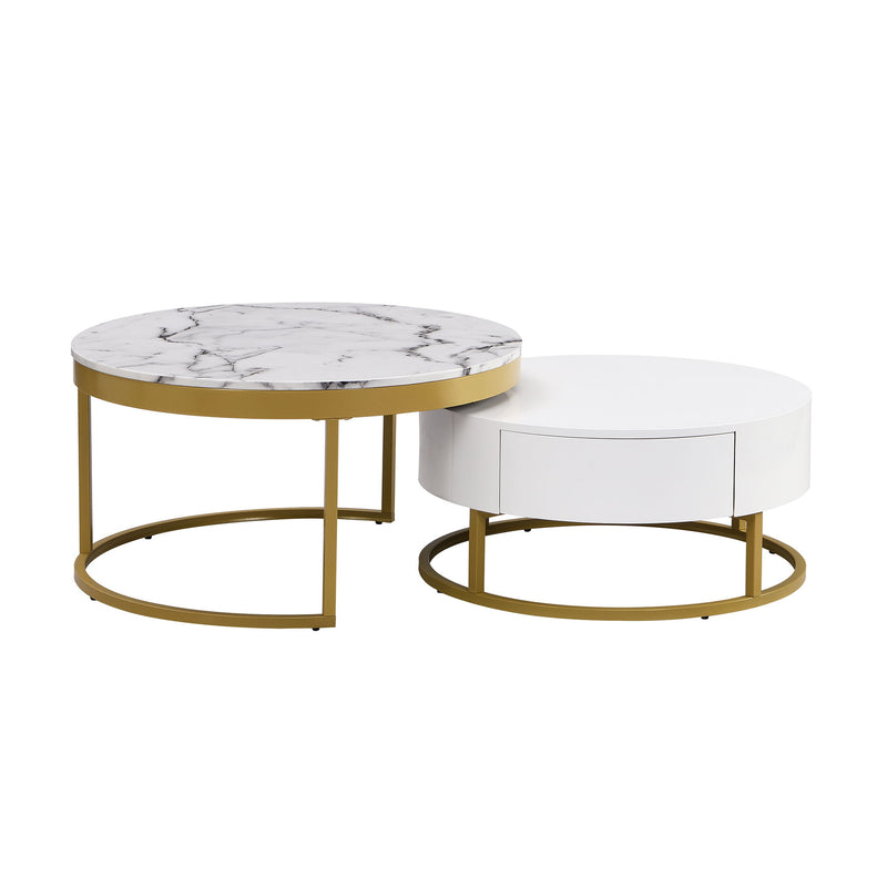 Round Nesting Coffee Table With Drawers - Golden / White