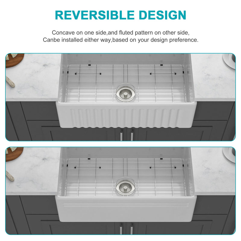 Apron-Front Reversible Single Bowl Kitchen Sink With Accessories - White