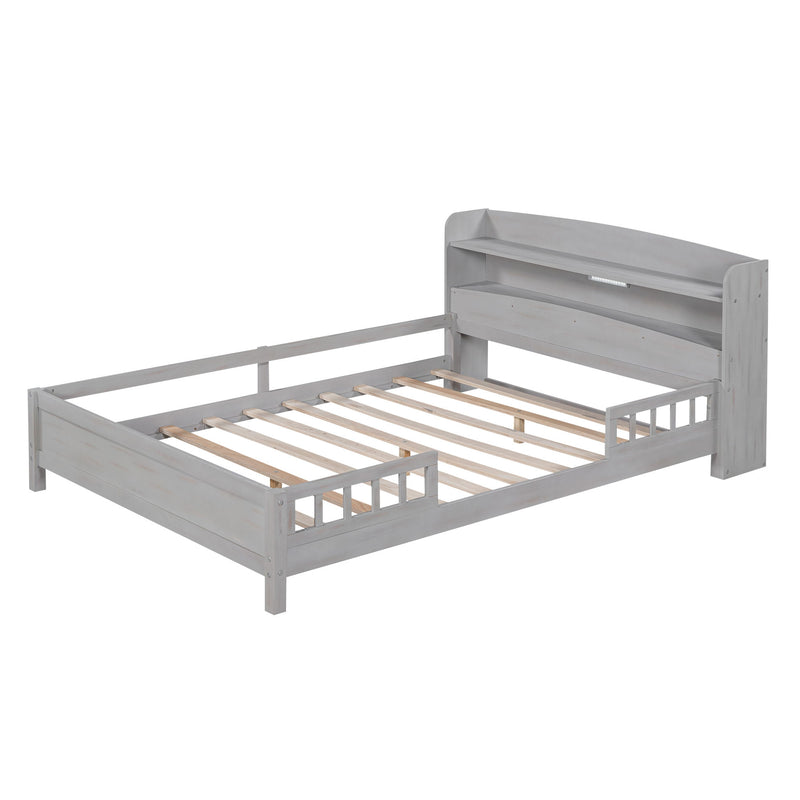 Wood Platform Bed With Built In LED Light, Storage Headboard And Guardrail