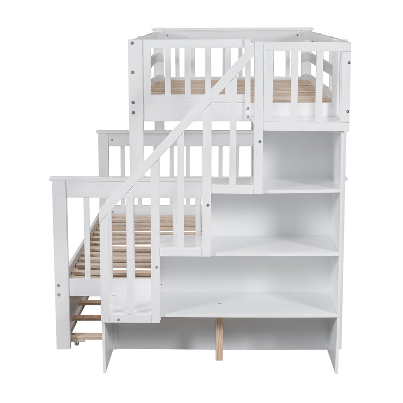 Bunk Bed With Twin Size Trundle, Storage And Guard Rail For Bedroom