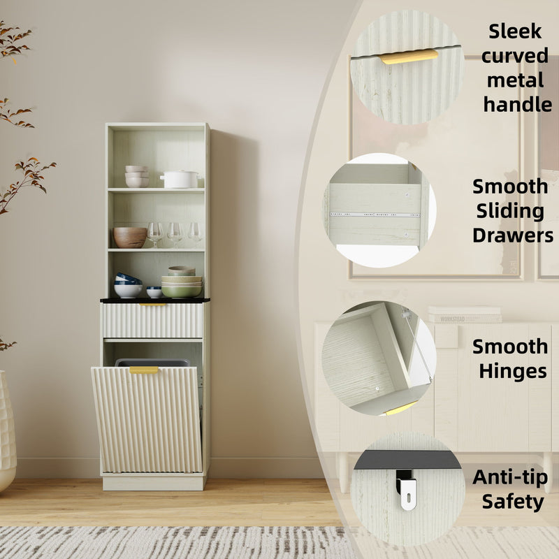 Tall Narrow Fluted Storage Cabinet With Trash Bin Compartment For Kitchen (Trash Can Not Included)