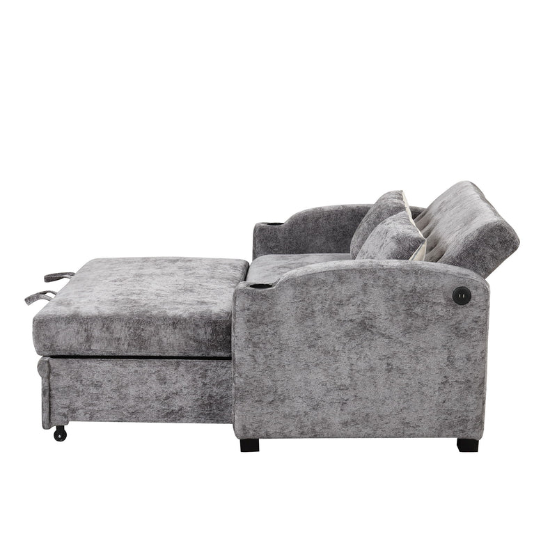 Pull Out Loveseat Sofa With Adjsutable Backrest, 2 Pillows, Cup Holders, USB Ports For Living Room