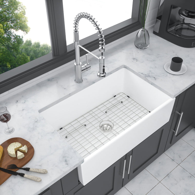 Ceramic Farmhouse Sink With Deep Basin And Stainless Steel Grid
