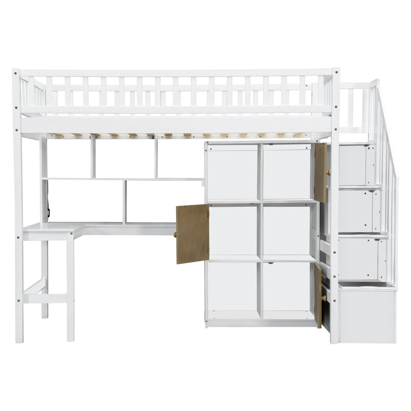 Loft Bed With Built In L Shaped Desk, LED Lights, Storage Shelves, Cabinets, And Staircase