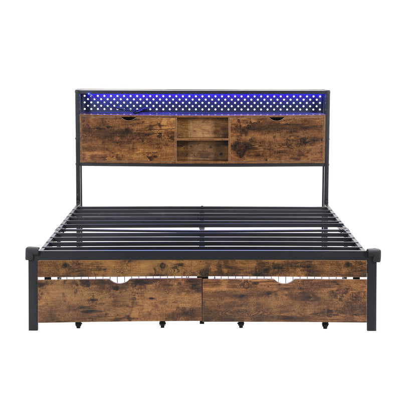 Modern Platform Bed, USB Charging Station, 2 Drawers, LED Lights