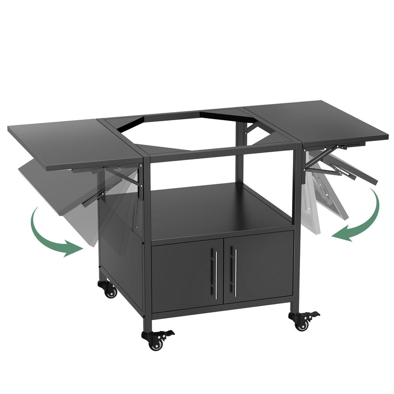 Outdoor Grill Table For Big Egg Style Bbq Metal Grill Cart With 2 Folding Panels Metal - Black