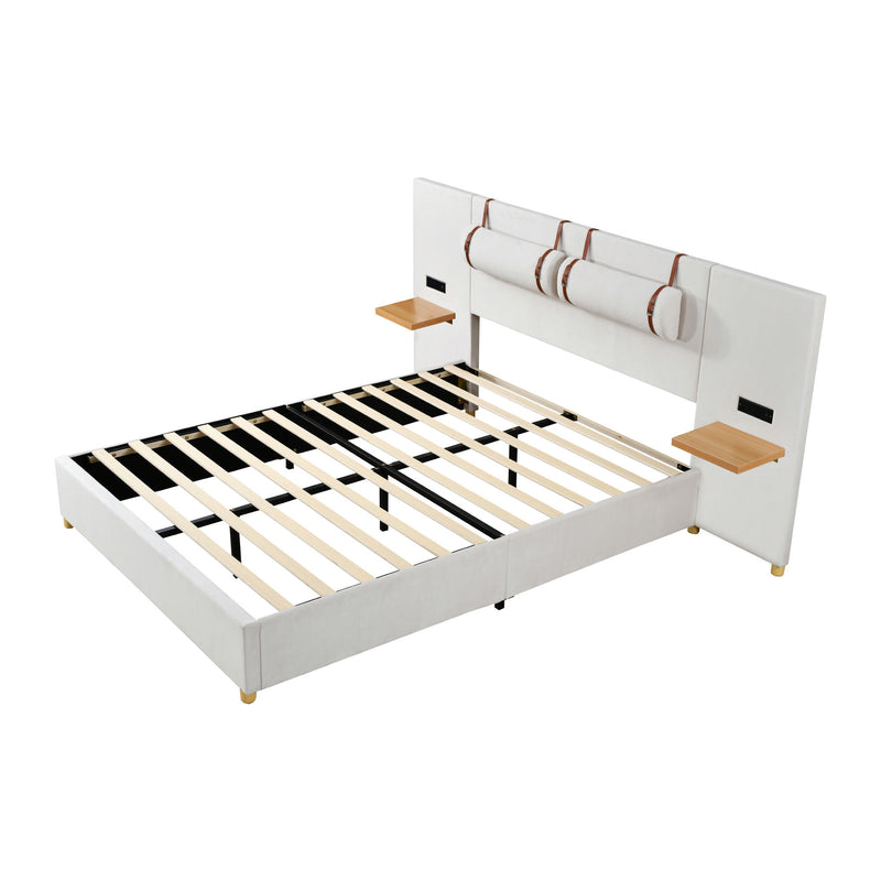 Upholstered Platform Bed, 2 Outlets And USB Charging Ports On Both Sides, 2 Bedside Pillows, Storage Shelves