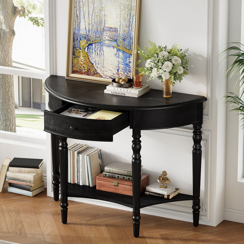 Half Moon Console Table With Drawer & Shelf