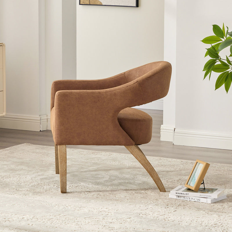 Upholstered Open Back Armchair With Weathered Rubberwood Legs