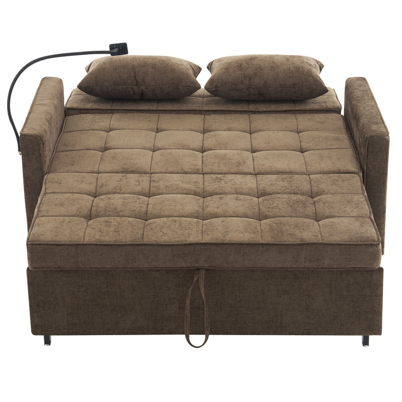 Pull-Out Sleeper Sofa With Reversible Backrest Cushion, Side Pockets, 2 USB Ports And A Phone Holder For Living Room