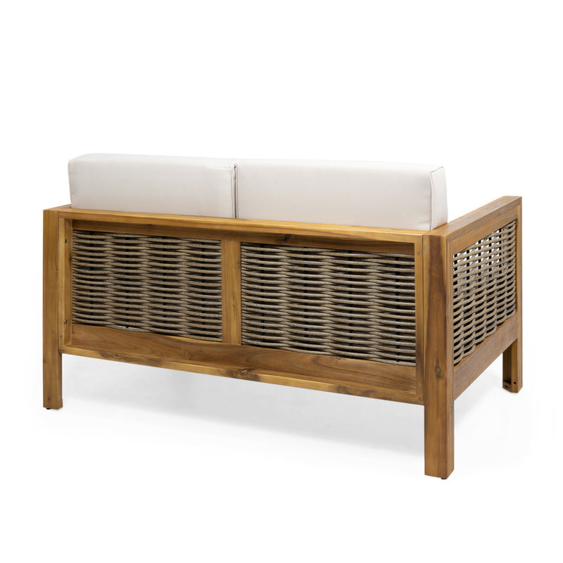 Outdoor 4 Seater Acacia Wood Chat Set With Wicker Accents And Cushions - Teak / Mixed Brown / Beige