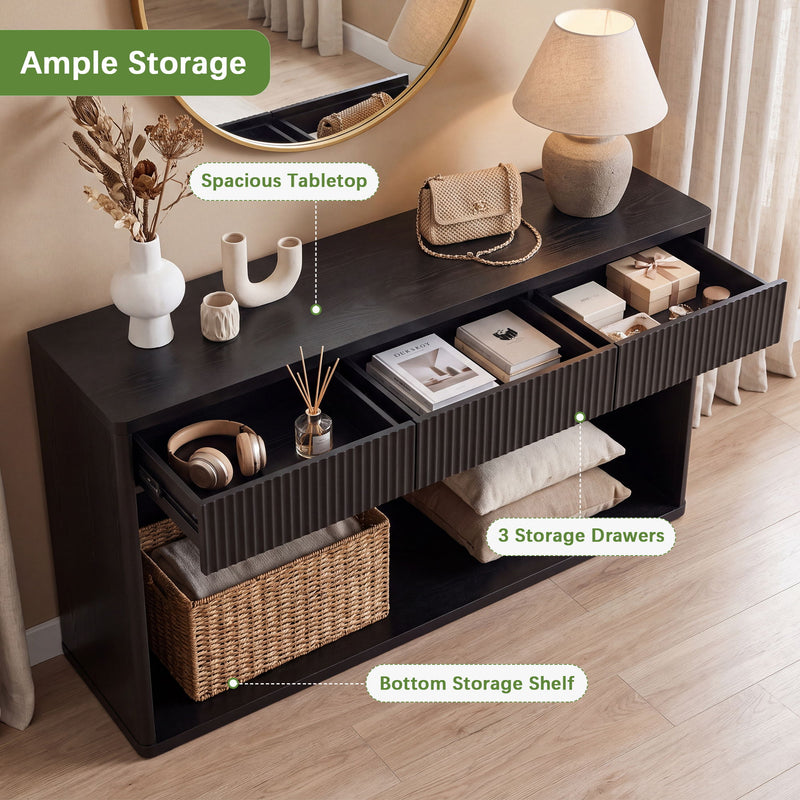 Fluted Console Table With 3 Drawers, Long Sofa Table Behind Couch For Living Room - Black