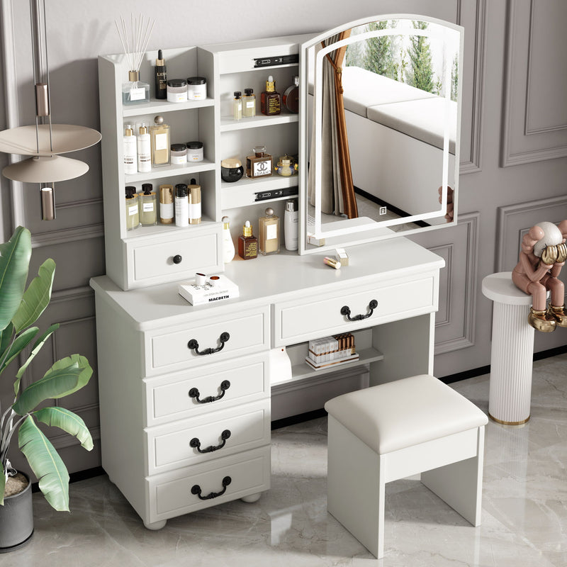 Fashion Vanity Desk With Mirror And Adjustable Lighting, 6 Drawers, 3 Color Light Modes - White
