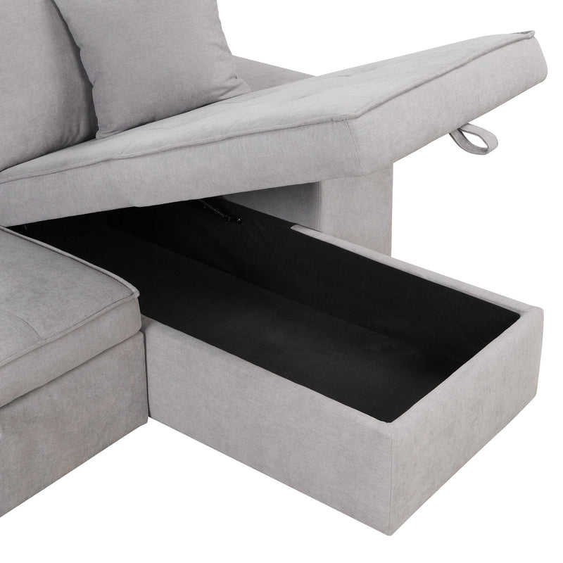 Modern L-Shape 3 Seat Reversible Sectional Couch, Pull Out Sleeper Sofa With Storage Chaise And 2 Stools For Living Room Furniture Set