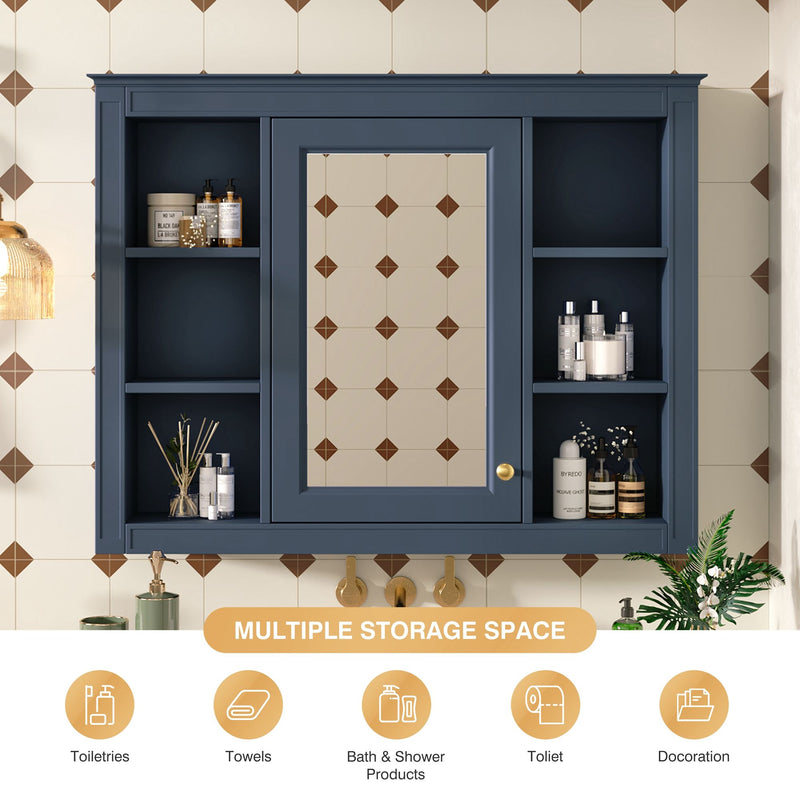 Wall Mounted Medicine Cabinet With Mirror, Storage Cabinet Featuring 6 Open Shelves And Adjustable Interior