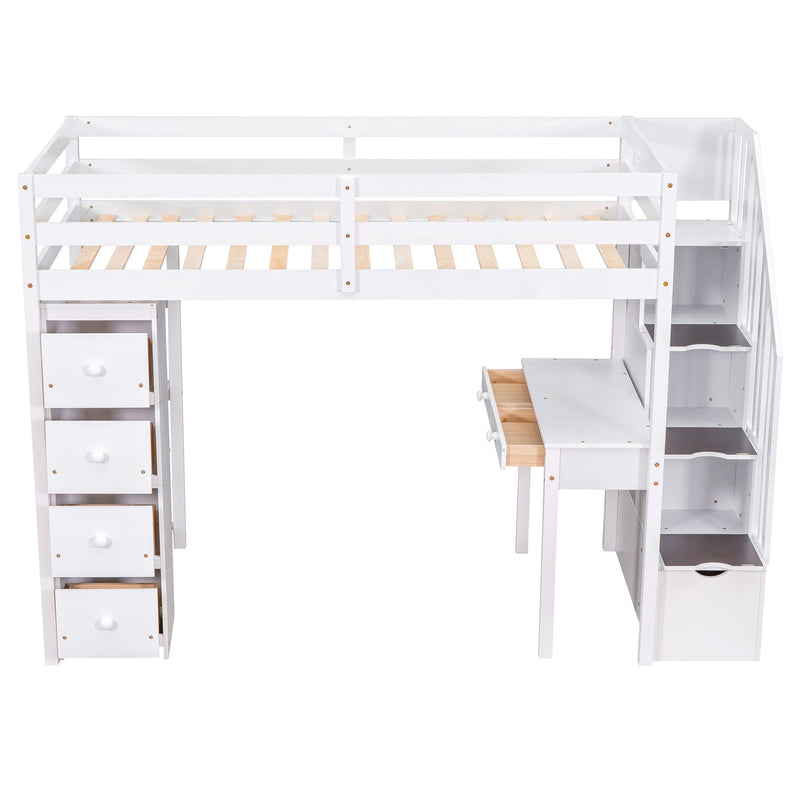 Loft Bed With Storage Drawers, Desk And Stairs With Shelves