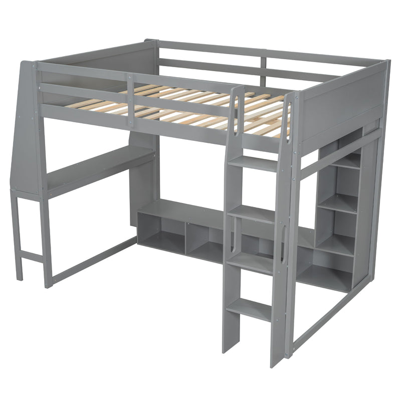 Full Size Gaming Loft Bed With Desk, Multi Storage Shelves, LED Lighting, And Hanging Clothes Rack - Gray